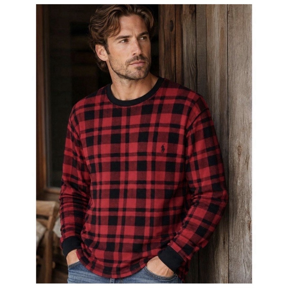 Polo Ralph Lauren Shirt Red Black Check Buffalo Plaid Waffle Thermal Mens Sz L